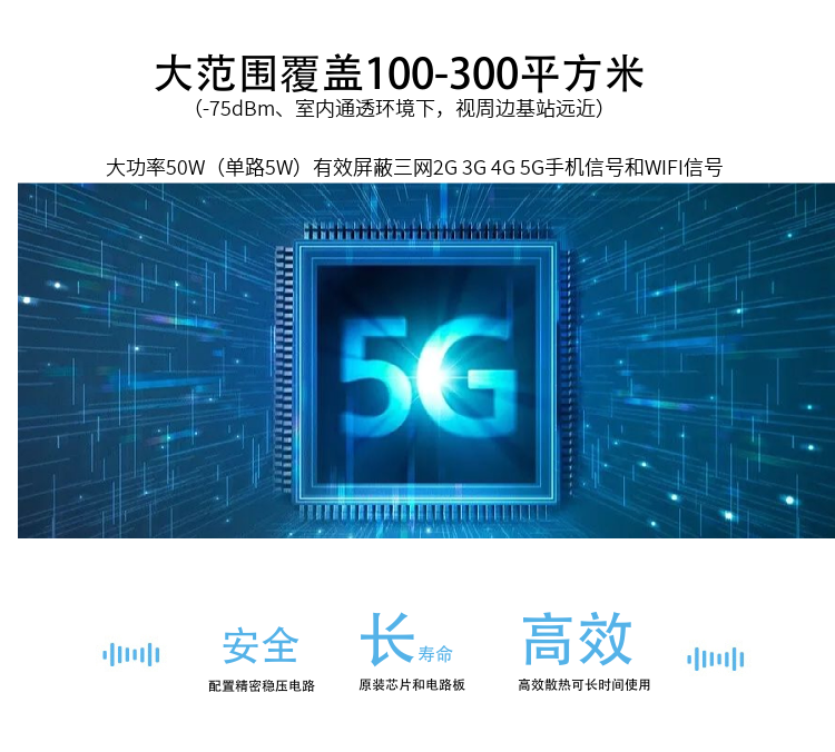 Z-820T5G考場(chǎng)手機(jī)信號(hào)屏蔽器是寧波大展電子科技有限公司運(yùn)用現(xiàn)代高新技術(shù)，通過(guò)深入分析通信機(jī)理，綜合比較電磁發(fā)射抑制方法，精心研制成功高科技新型信息安全保密產(chǎn)品。該設(shè)備可以有效地屏蔽所有2G/3G/4G/5G手機(jī)、2.4GWiFi（WLAN/ZIGBEE/BLUETOOTH)等無(wú)線通信信號(hào)。通過(guò)發(fā)射特定的電磁信號(hào)，在禁止使用無(wú)線通信設(shè)備的場(chǎng)所內(nèi)形成一個(gè)電磁保護(hù)場(chǎng)，使該場(chǎng)所內(nèi)無(wú)線通信設(shè)備與外界無(wú)線通信信號(hào)不能產(chǎn)生對(duì)接，從而切斷場(chǎng)所內(nèi)無(wú)線通信工具與外界的聯(lián)系，是保密會(huì)場(chǎng)、標(biāo)準(zhǔn)化考場(chǎng)的安全衛(wèi)士。